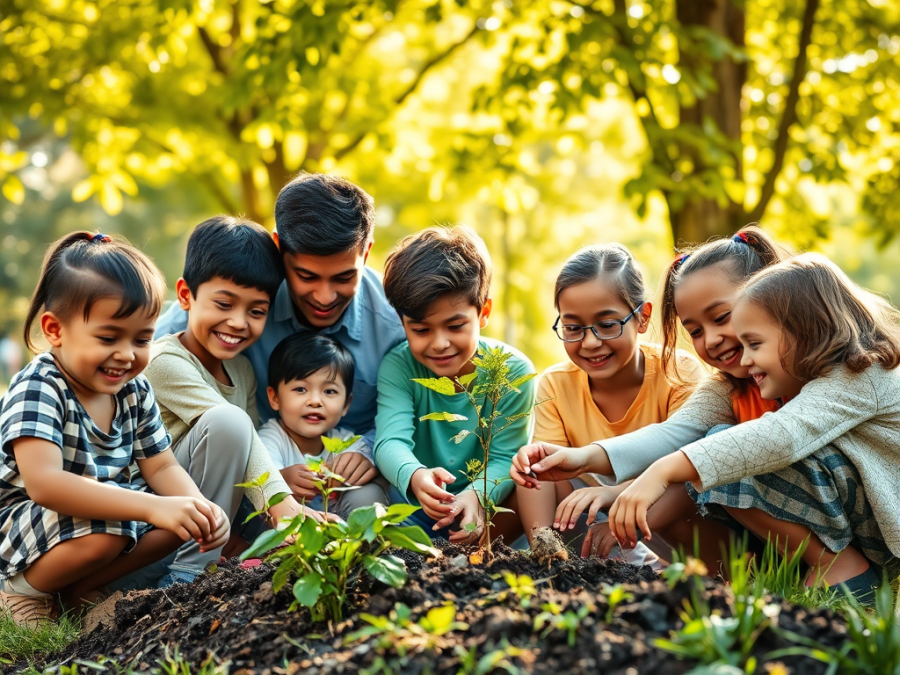 children and parent doing gardening