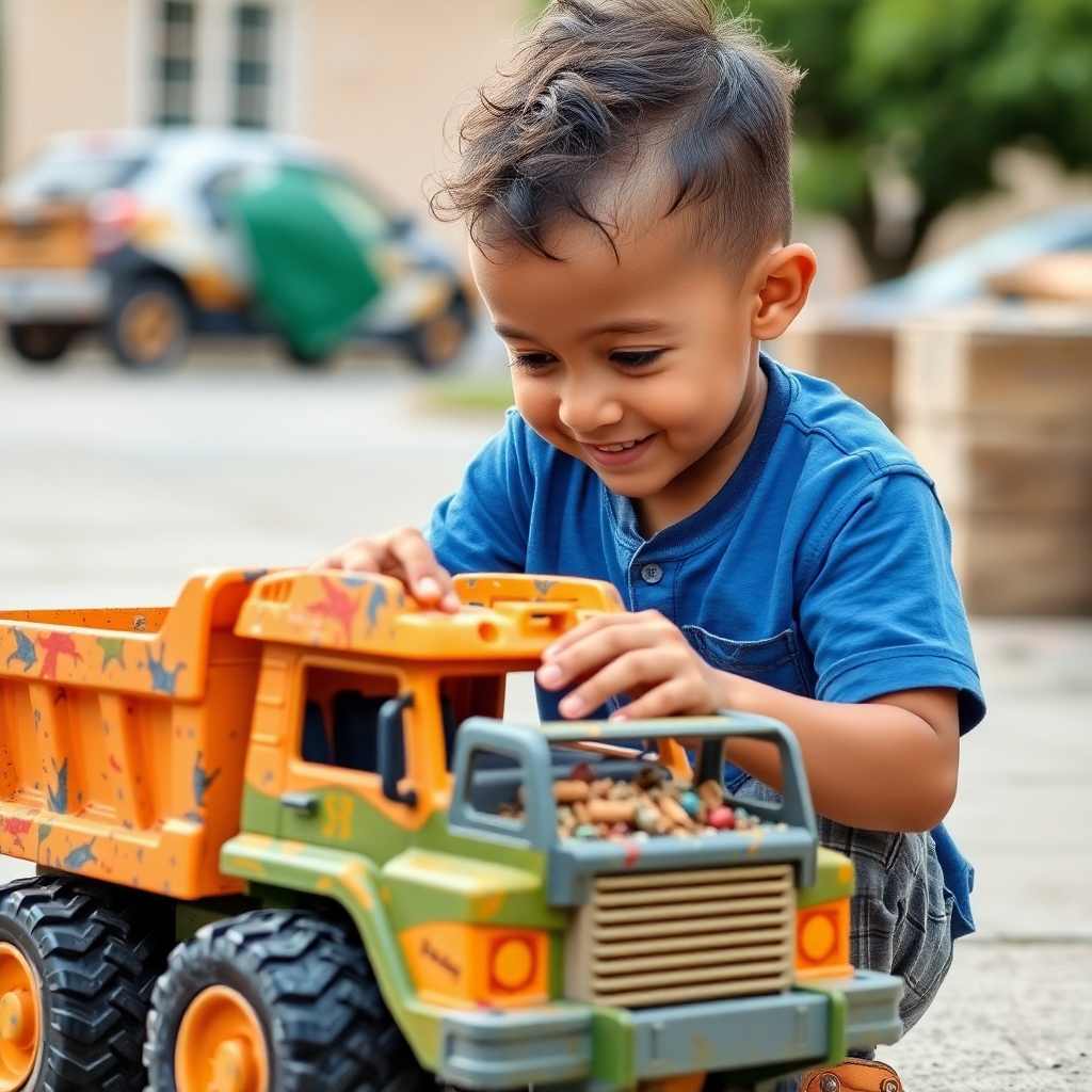 boy playing with his truck that is made from recycled plastic