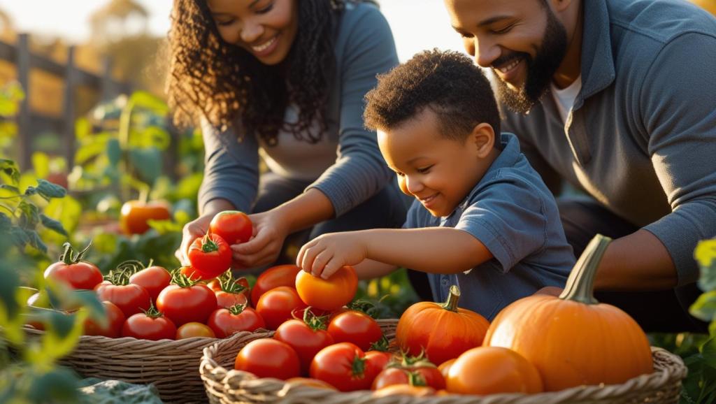 family id garden with tomatoes and pumpkins