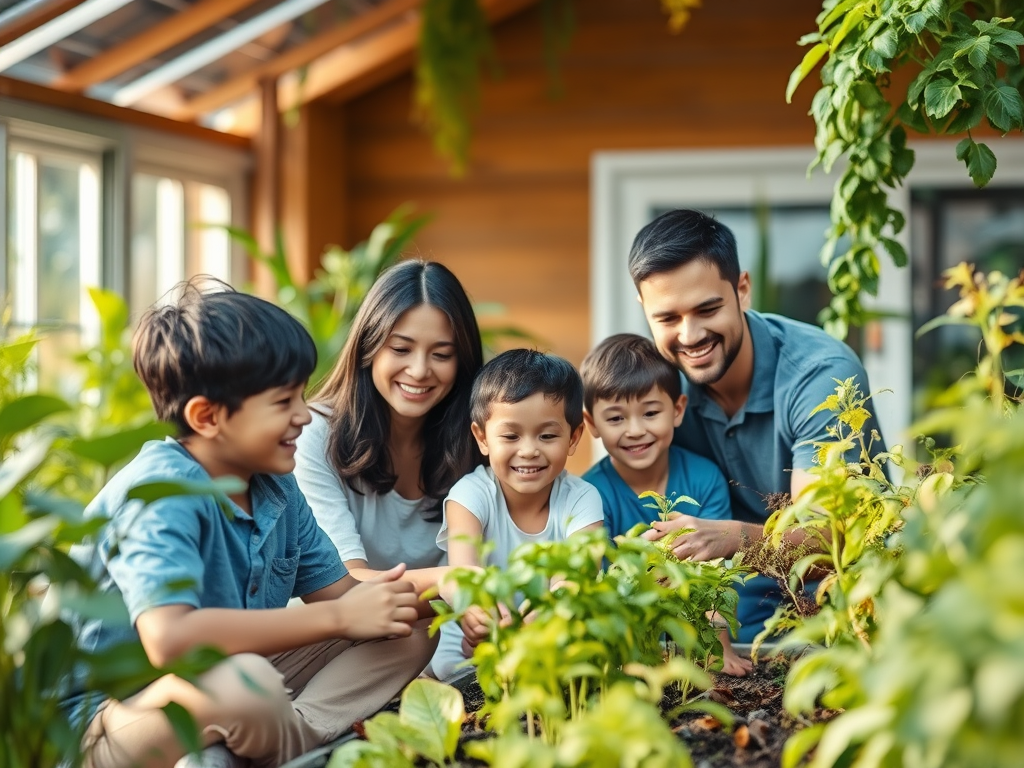 family taking care of plants