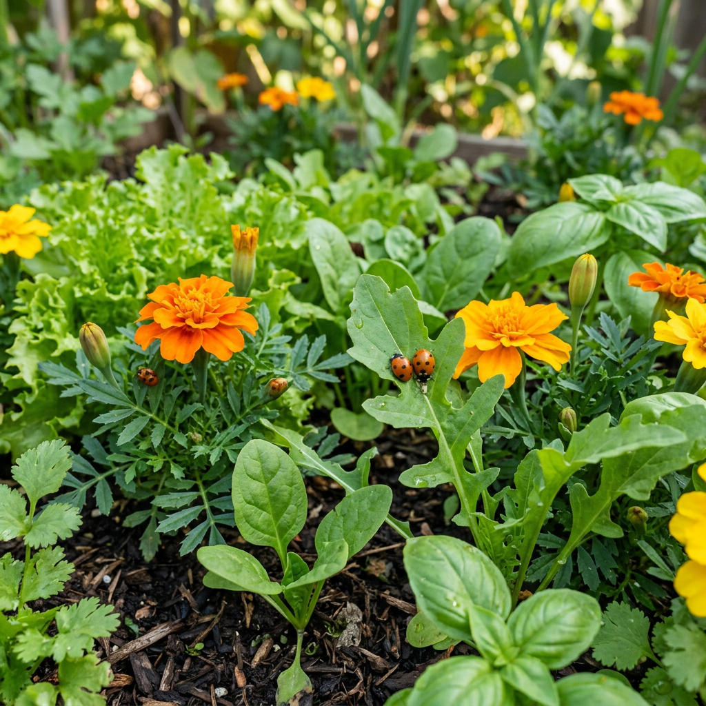 Orange marigold flowers and green vegetable plants with two ladybugs on a leaf