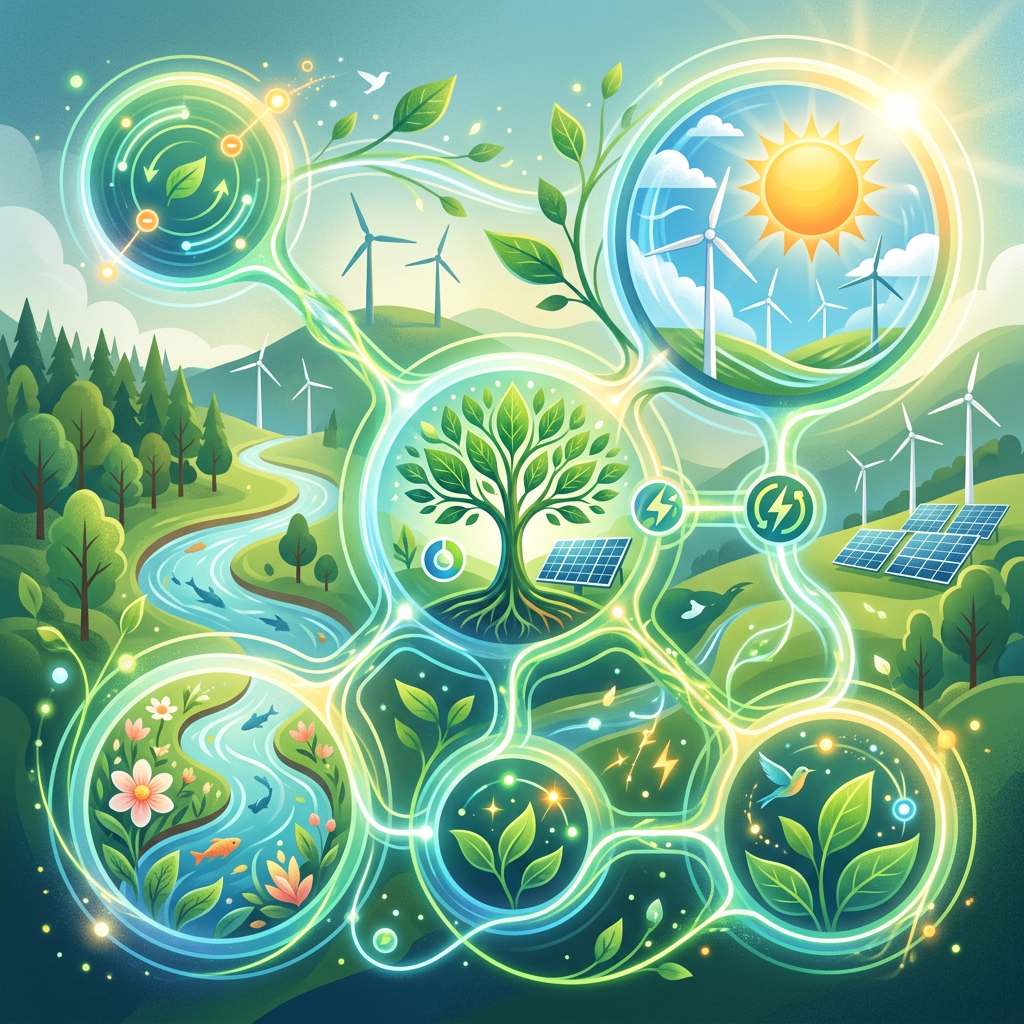 Illustration of wind turbines, solar panels, trees, river, and plants connected by glowing lines symbolizing renewable energy and nature.