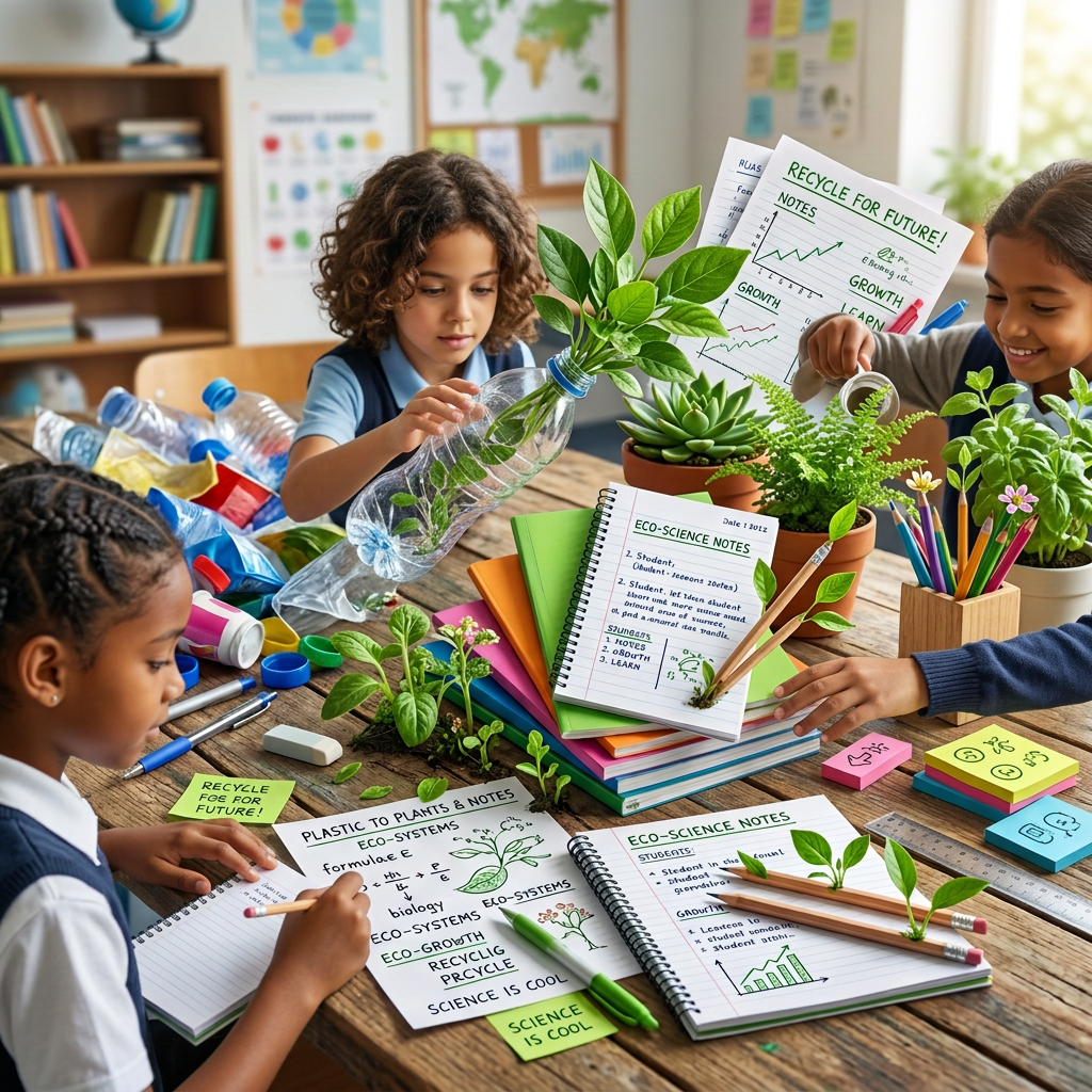Classroom desk with plastic waste, plants growing in recycled bottles, and eco-science notes