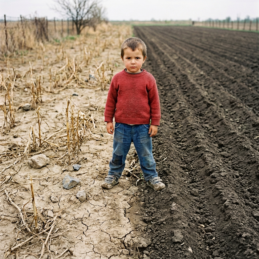 Child standing on cracked dry soil next to green growing plants in a field