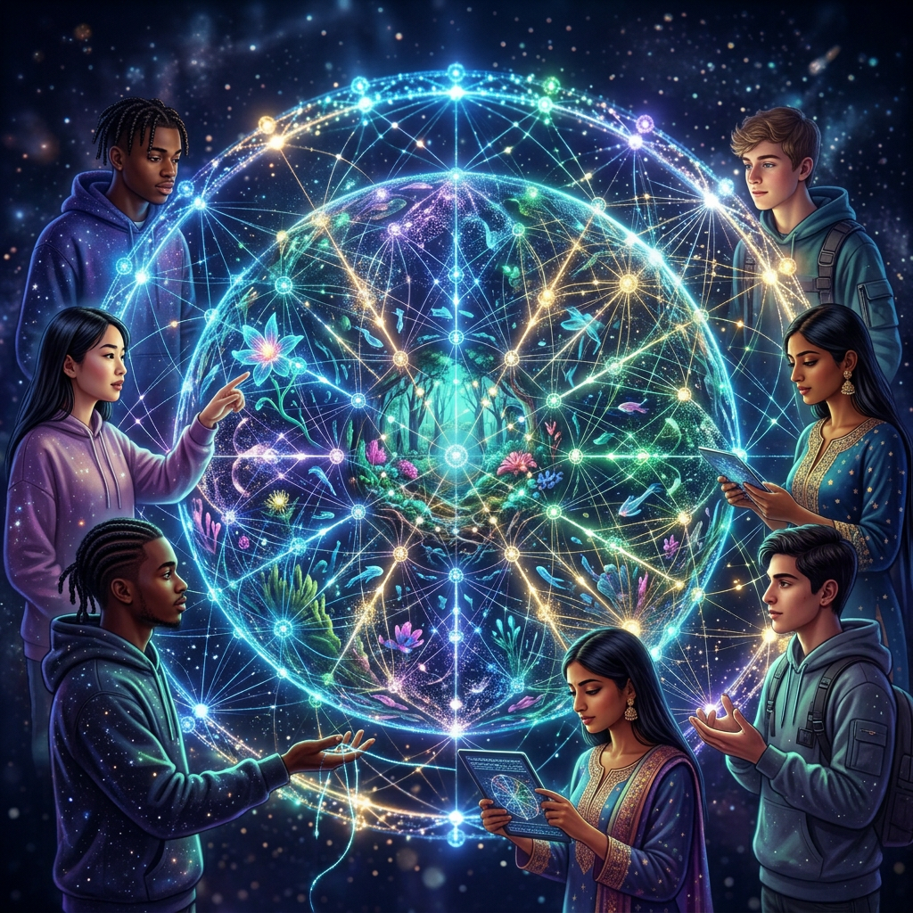 Glowing spherical network of interconnected nodes floating in starry space