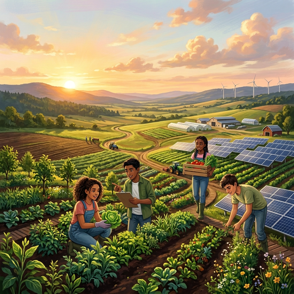 Sustainable farm with crop fields, solar panels, wind turbines, and sunset
