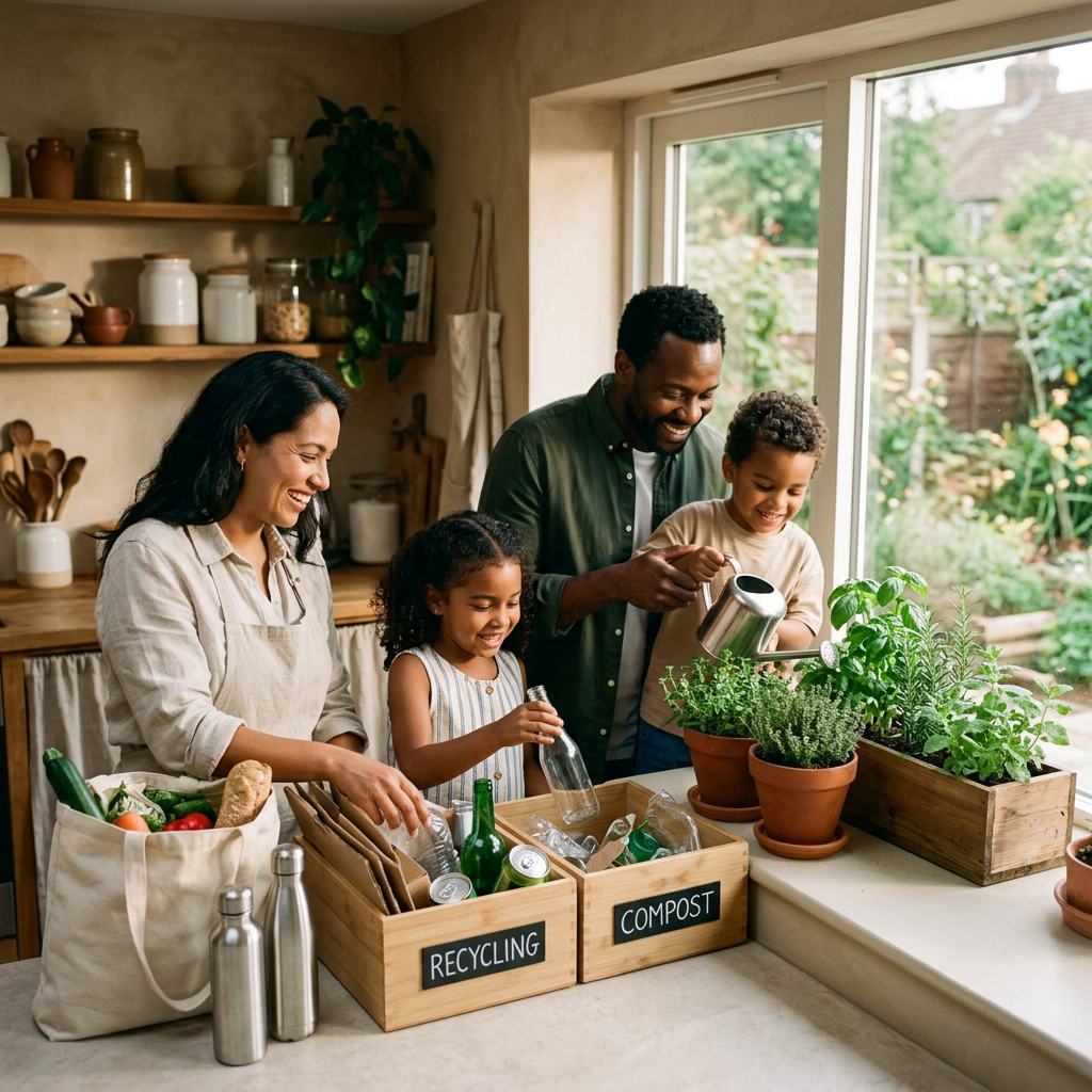 Family sorting recycling and compost while watering potted kitchen herbs